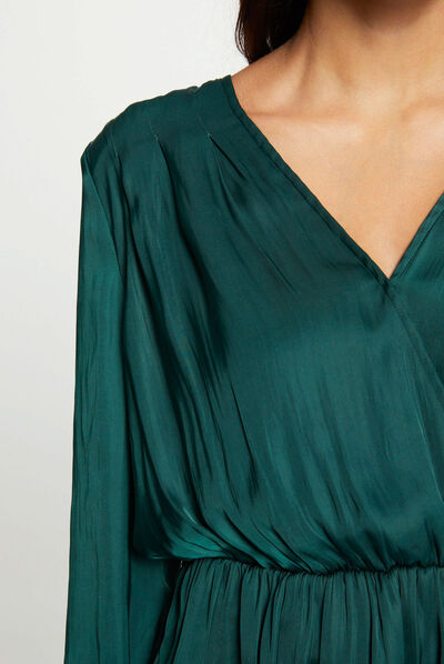 Blouse manches longues satin vert fonce femme