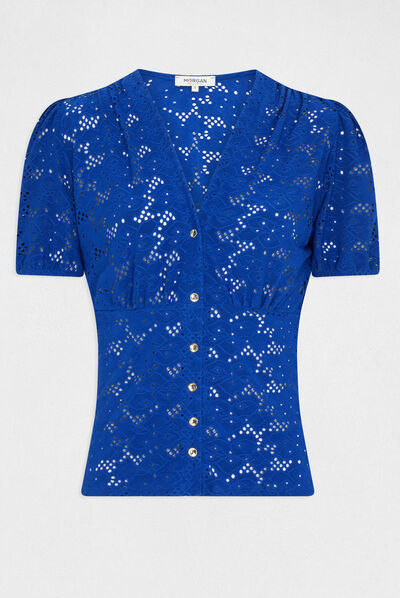 T-shirt manches courtes à broderie bleu electrique femme