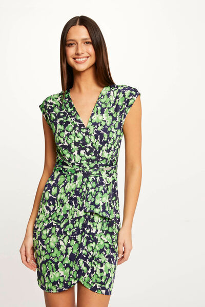 Robe ajustée drapée imprimé abstrait vert femme