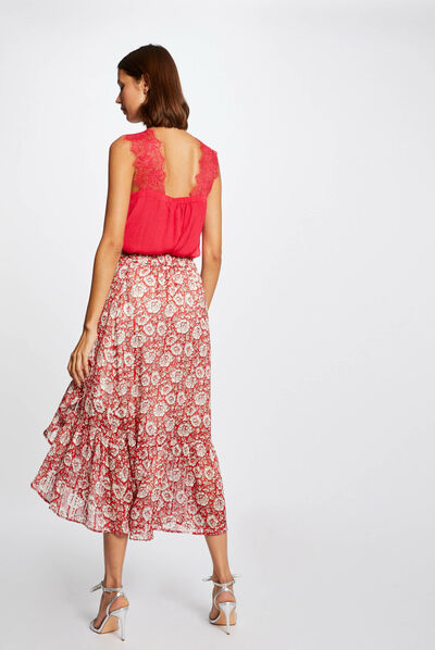 Jupe midi évasée imprimé floral rouge femme