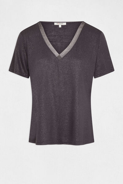T-shirt manches courtes à paillettes gris anthracite femme
