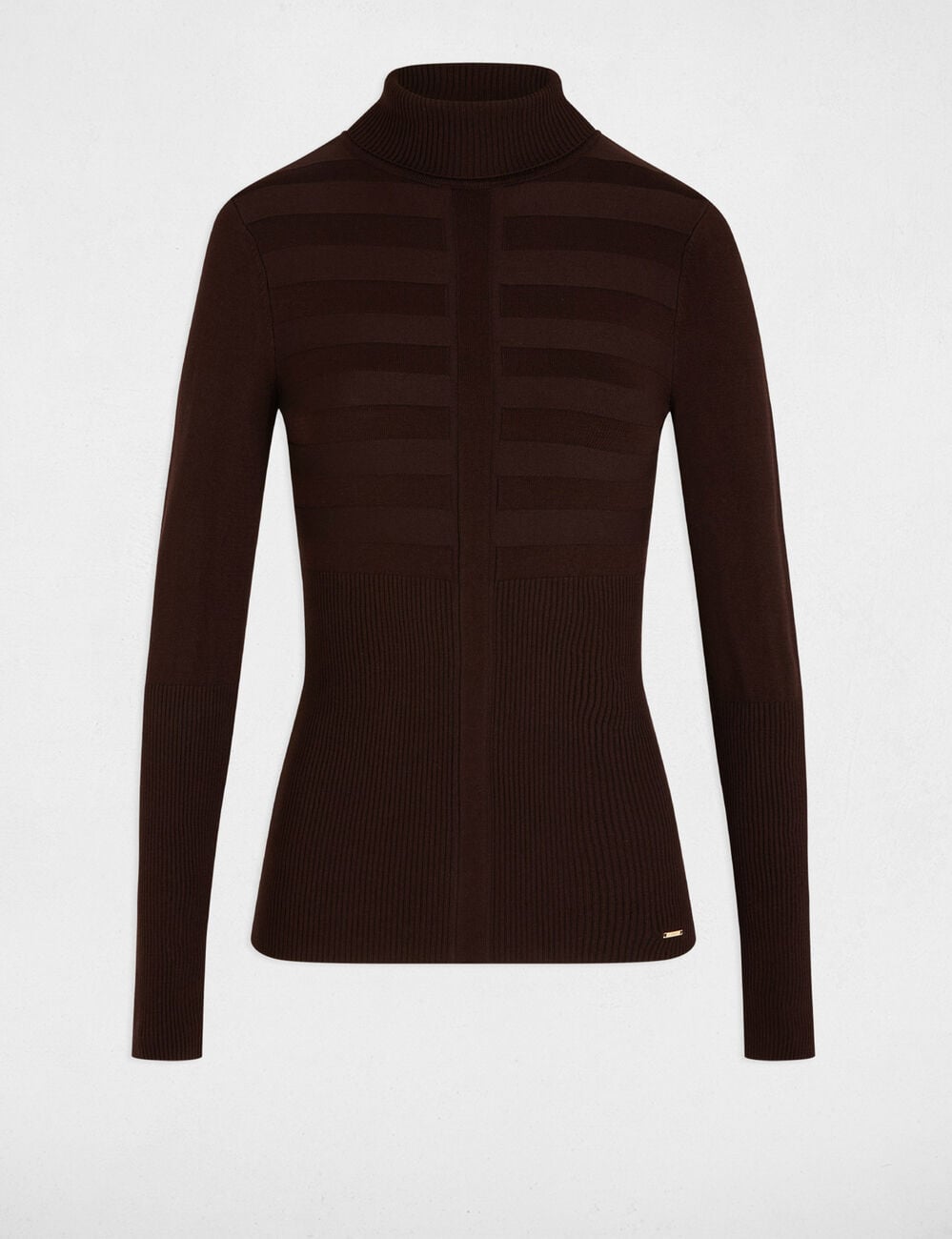 Pull col roul&eacute; cintr&eacute; marron fonc&eacute; femme