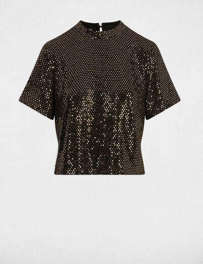 T-shirt sequins col montant jaune or femme
