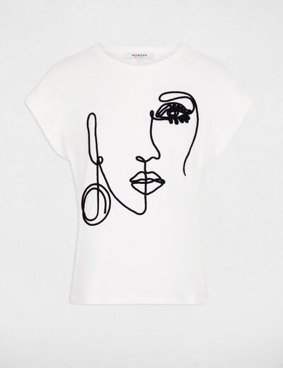 T-shirt broderie visage blanc femme