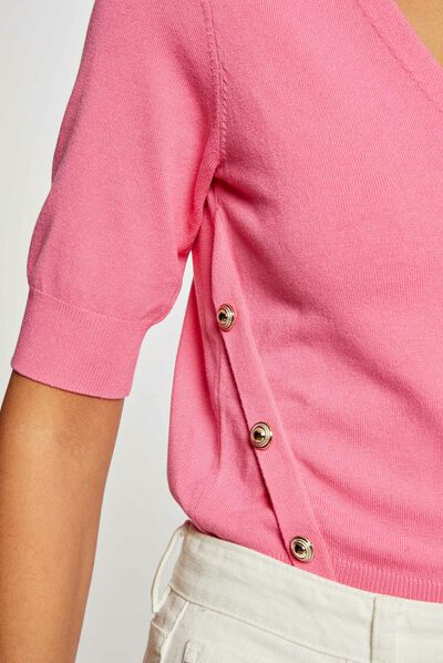 Pull manches 3/4 avec boutons rose femme