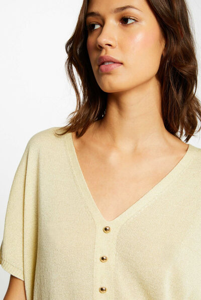 Pull manches courtes avec boutons jaune paille femme