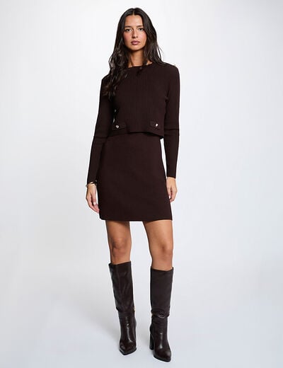 Robe tricot courte effet 2-en-1 marron fonc&eacute; femme