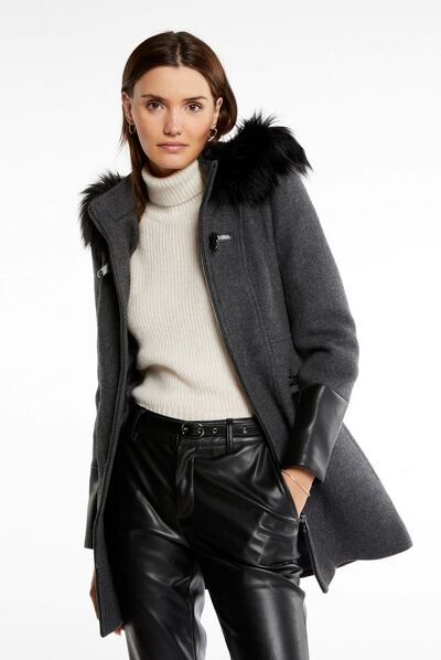 Manteau droit zippé à capuche gris anthracite femme