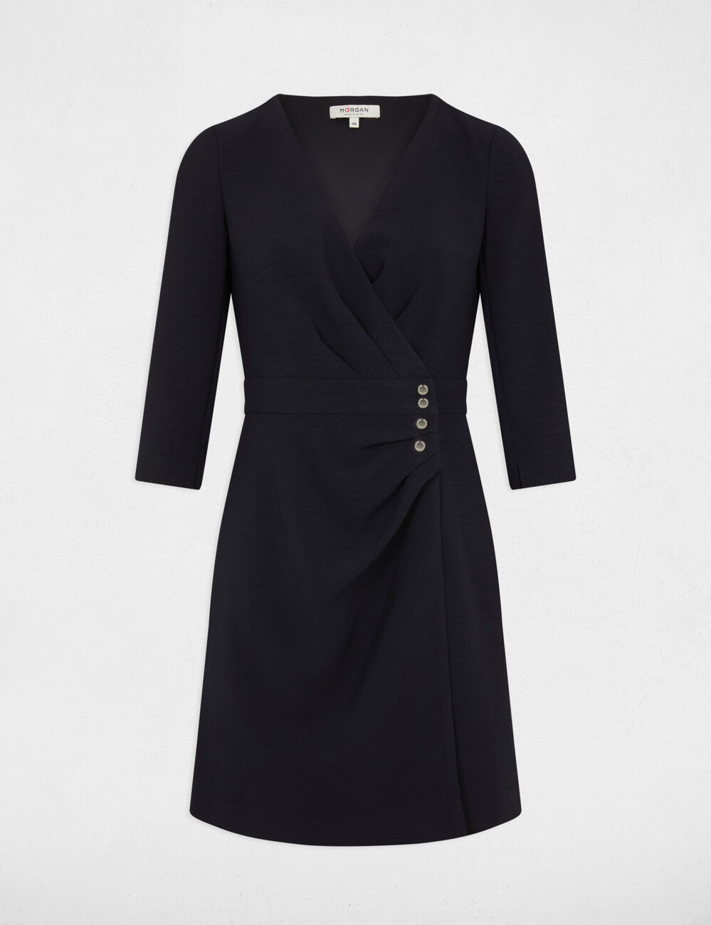 Robe portefeuille drap&eacute;e manches 3/4 marine femme