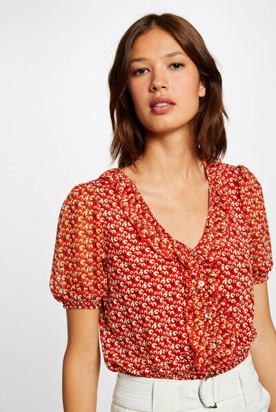T-shirt manches courtes imprimé végétal rouge femme
