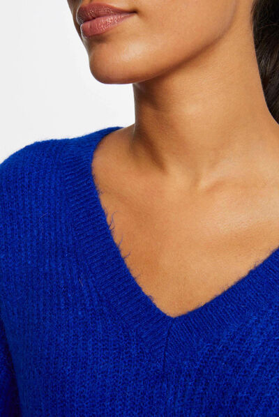Pull manches longues à col en V bleu electrique femme