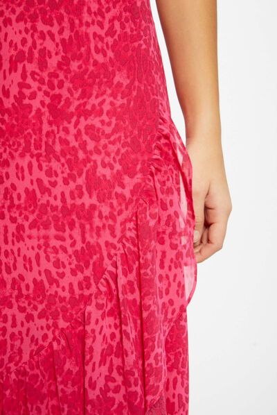 Jupe longue portefeuille imprimé léopard rose femme