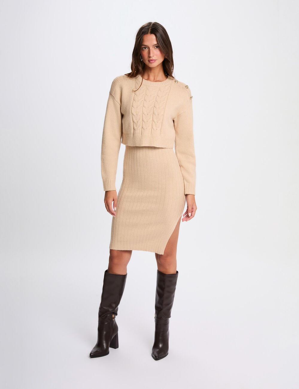Robe tricot ajust&eacute;e 2-en-1 beige femme