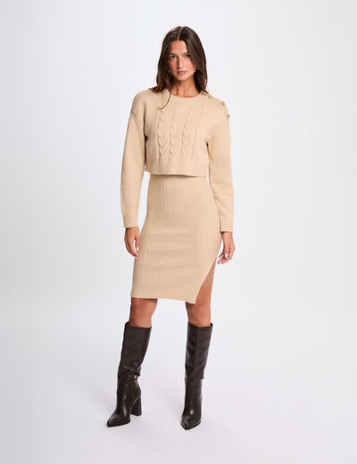 Robe tricot ajust&eacute;e 2-en-1 beige femme