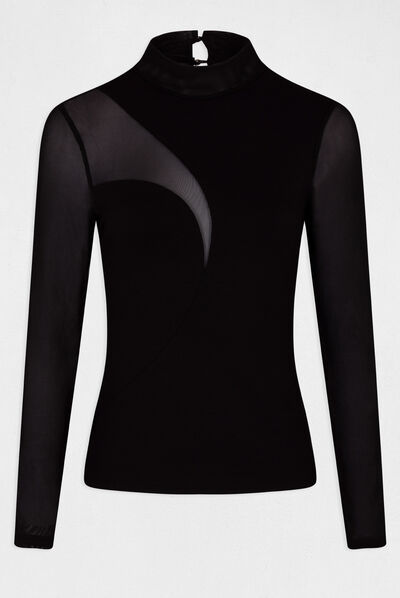 T-shirt manches longues col montant noir femme