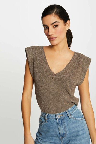Pull manches courtes à épaulettes vert kaki femme