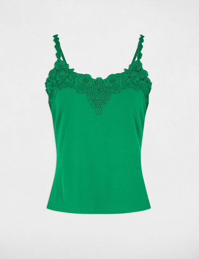 D&eacute;bardeur dentelle encolure carr&eacute;e vert prairie femme