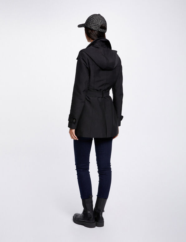 trench cintre ceinture a capuche noir femme Trench cintré ceinturé à capuche noir femme