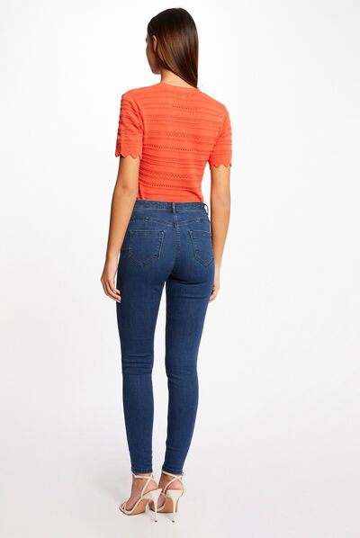 Pull manches courtes détails ajourés orange femme