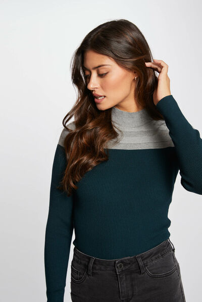 Pull manches longues col montant gris anthracite femme