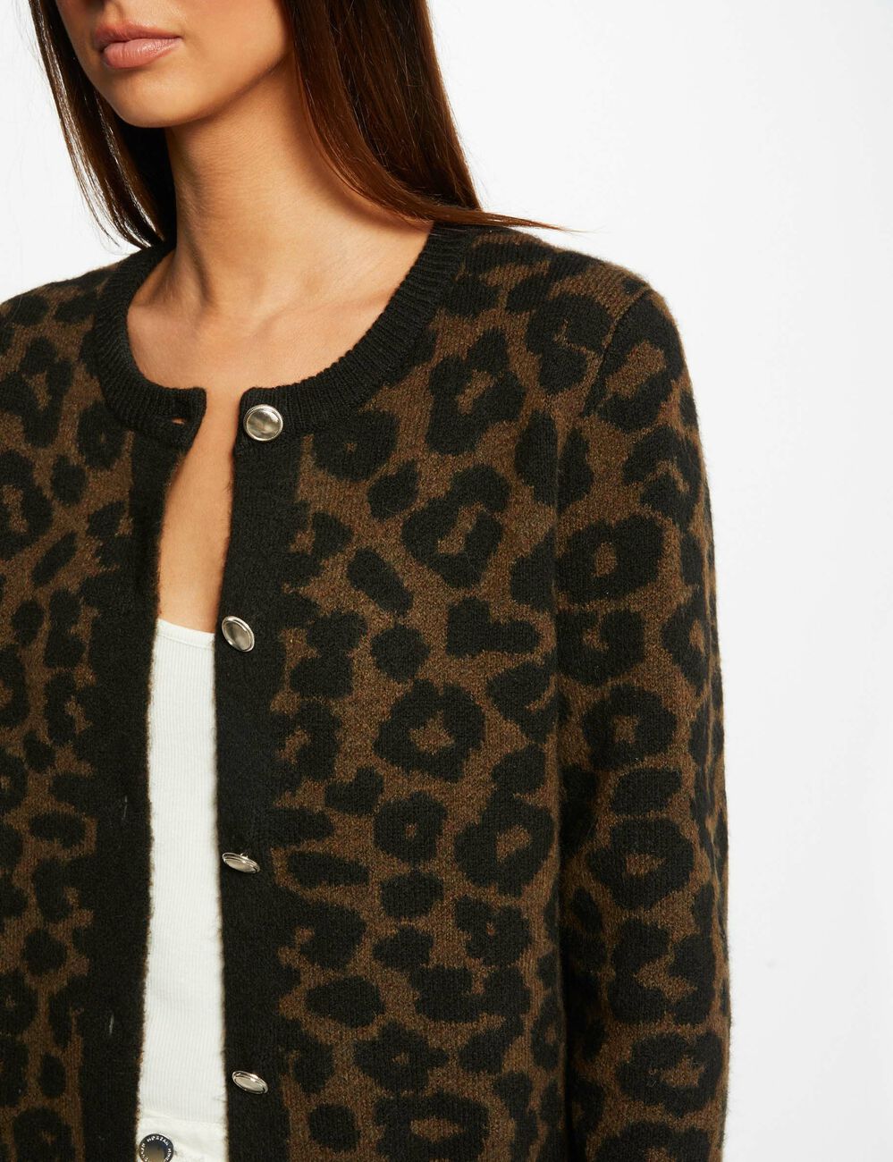 Gilet mi-long imprim&eacute; l&eacute;opard noir femme