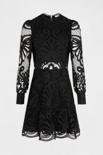 Robe trapèze en dentelle à volants noir femme