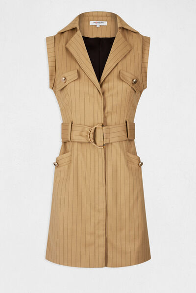 Robe droite ceinturée à rayures sable femme