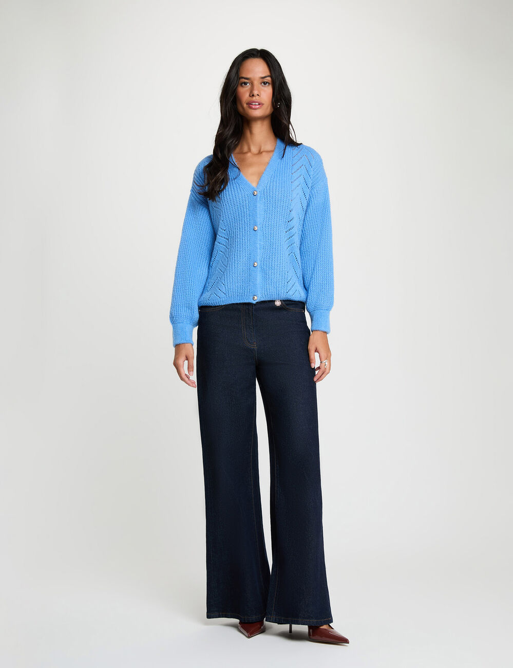 Gilet col v bleu femme