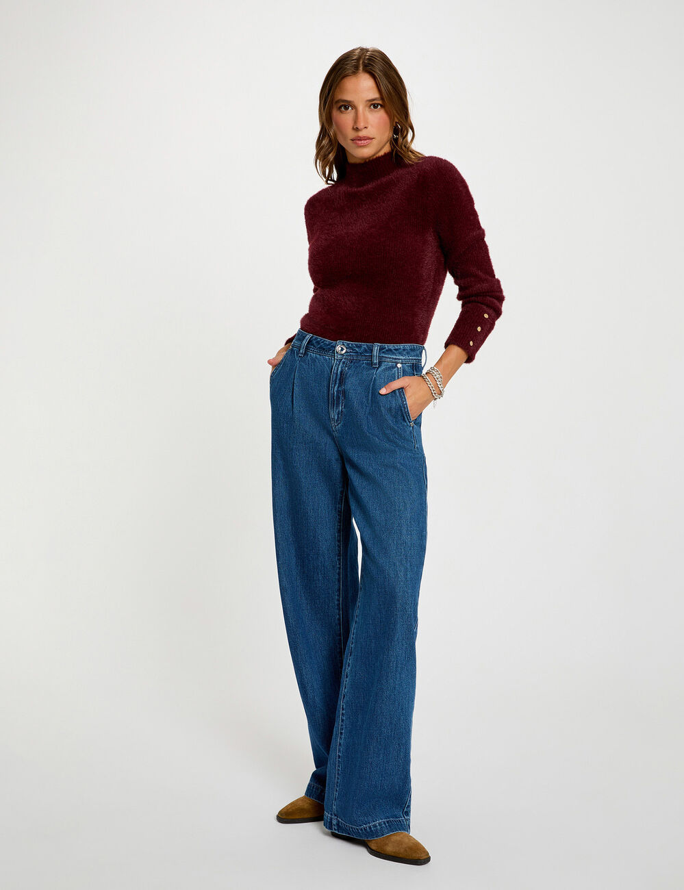 Pull manches longues maille duveteuse prune femme