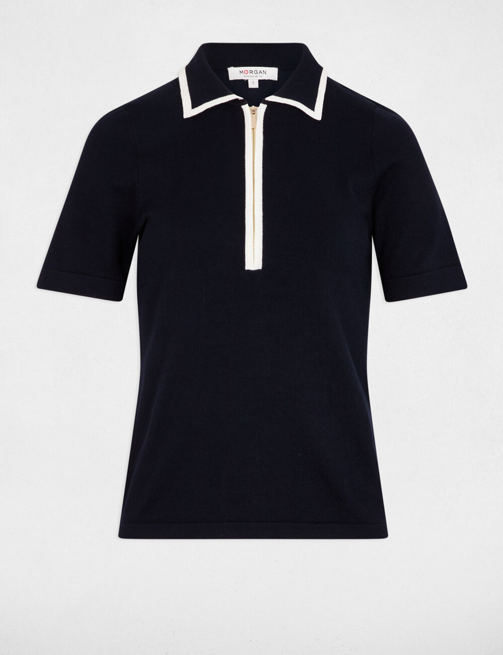 Pull col polo zippé bleu marine femme