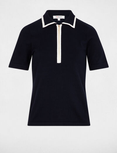 Pull col polo zippé bleu marine femme