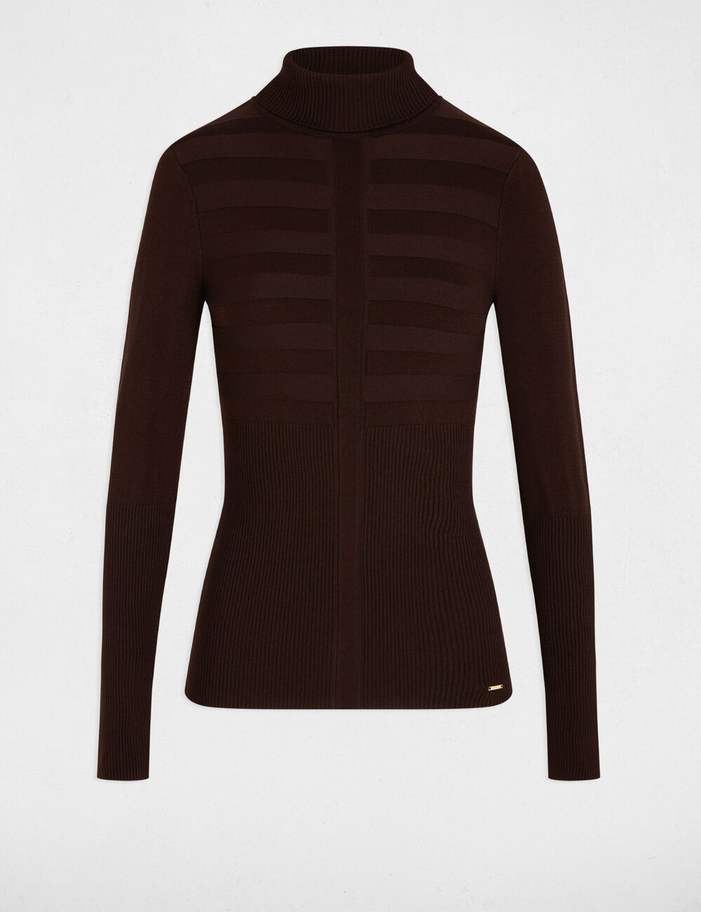 Pull col roul&eacute; ajust&eacute; marron fonc&eacute; femme