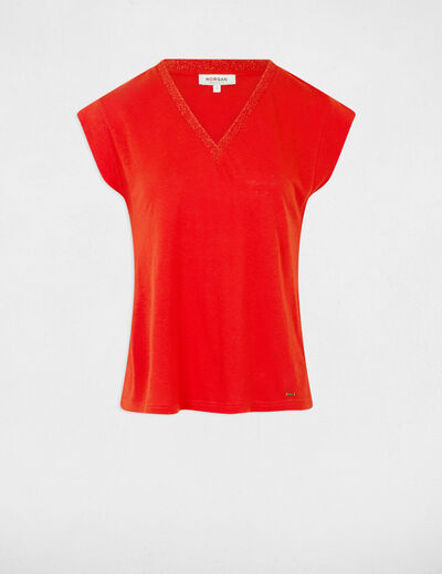 T-shirt manches courtes à col en V orange femme