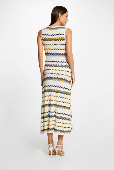 Robe pull longue droite imprimé chevron ivoire femme
