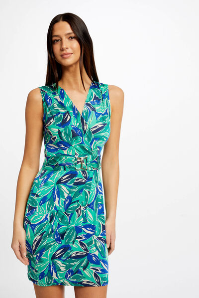 Robe ajustée à ornement imprimé végétal vert femme