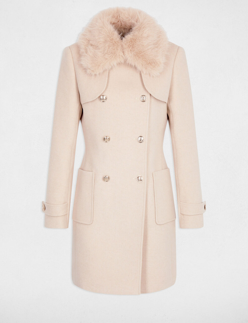 Manteau droit col fourrure beige femme
