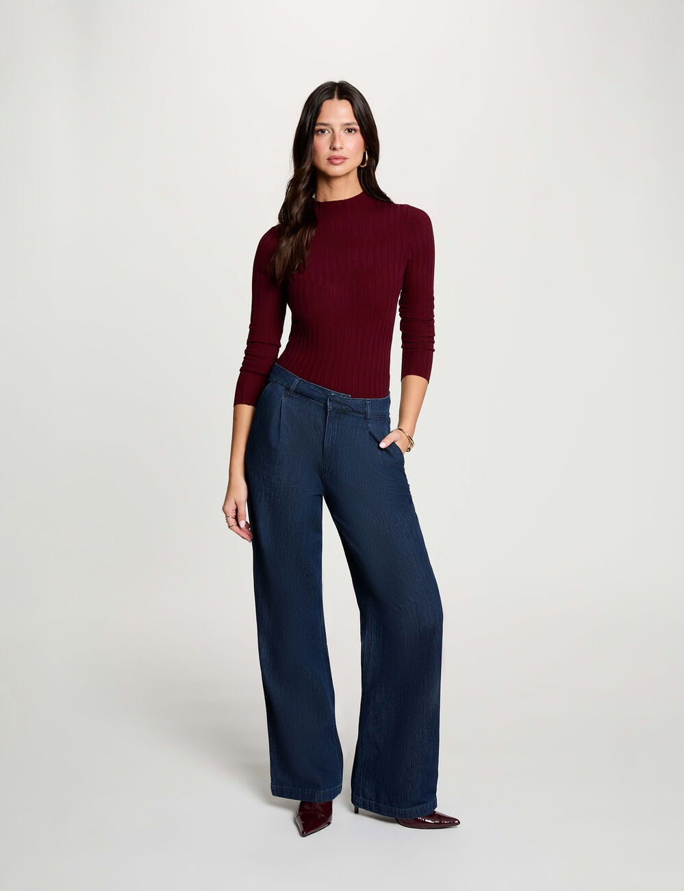 Pull col montant bordeaux femme