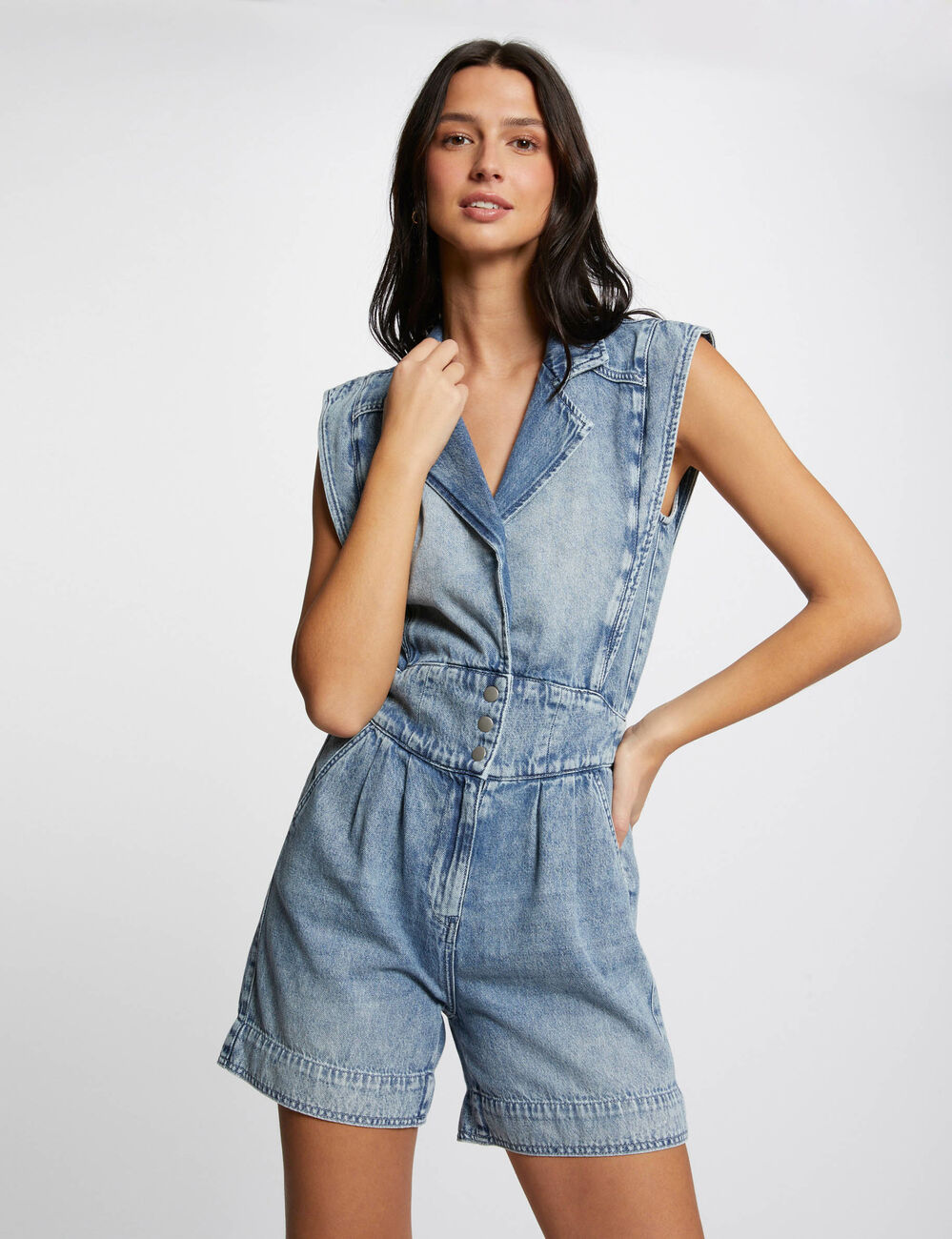 Combishort jean sans manches jean bleached femme