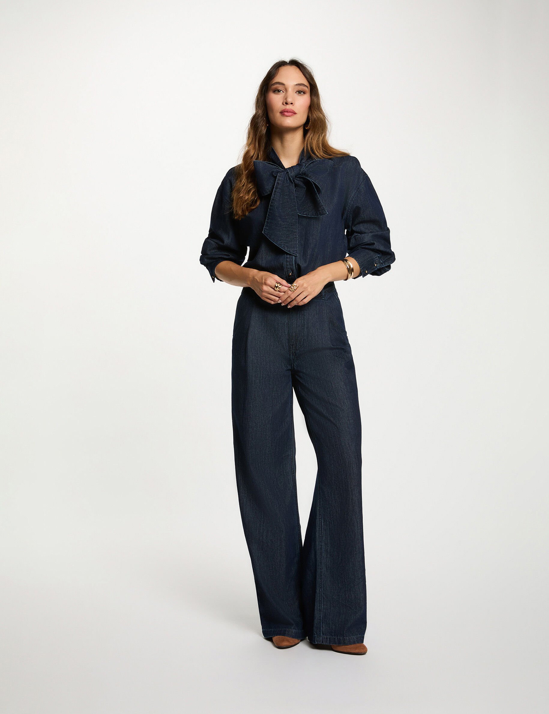 Pantalon large taille haute brut femme