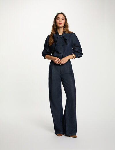 Pantalon large taille haute denim brut femme