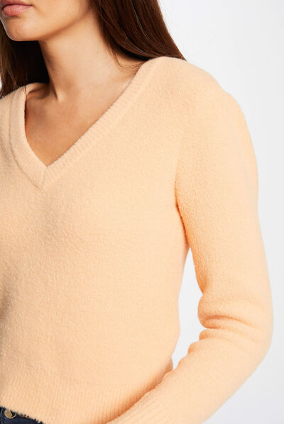 Pull manches longues avec col en V orange clair femme