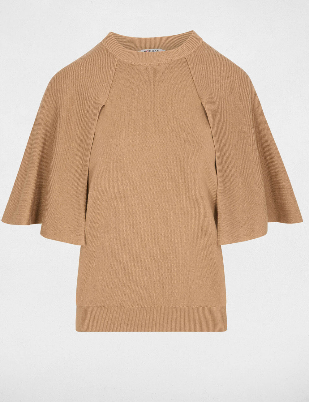 Pull col rond manches &eacute;vas&eacute;es beige femme