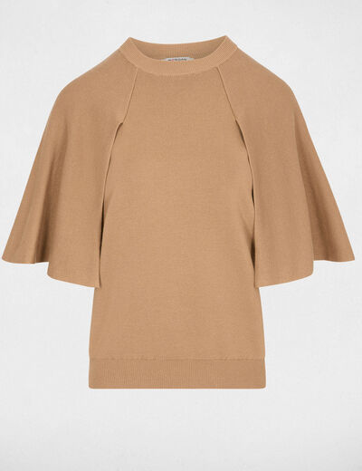 Pull col rond manches &eacute;vas&eacute;es beige femme
