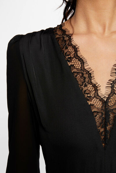 T-shirt manches longues satin à dentelle noir femme