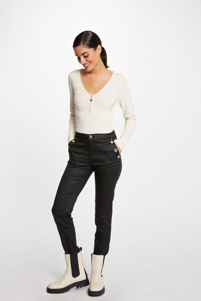 Pantalon slim enduit à pont noir femme