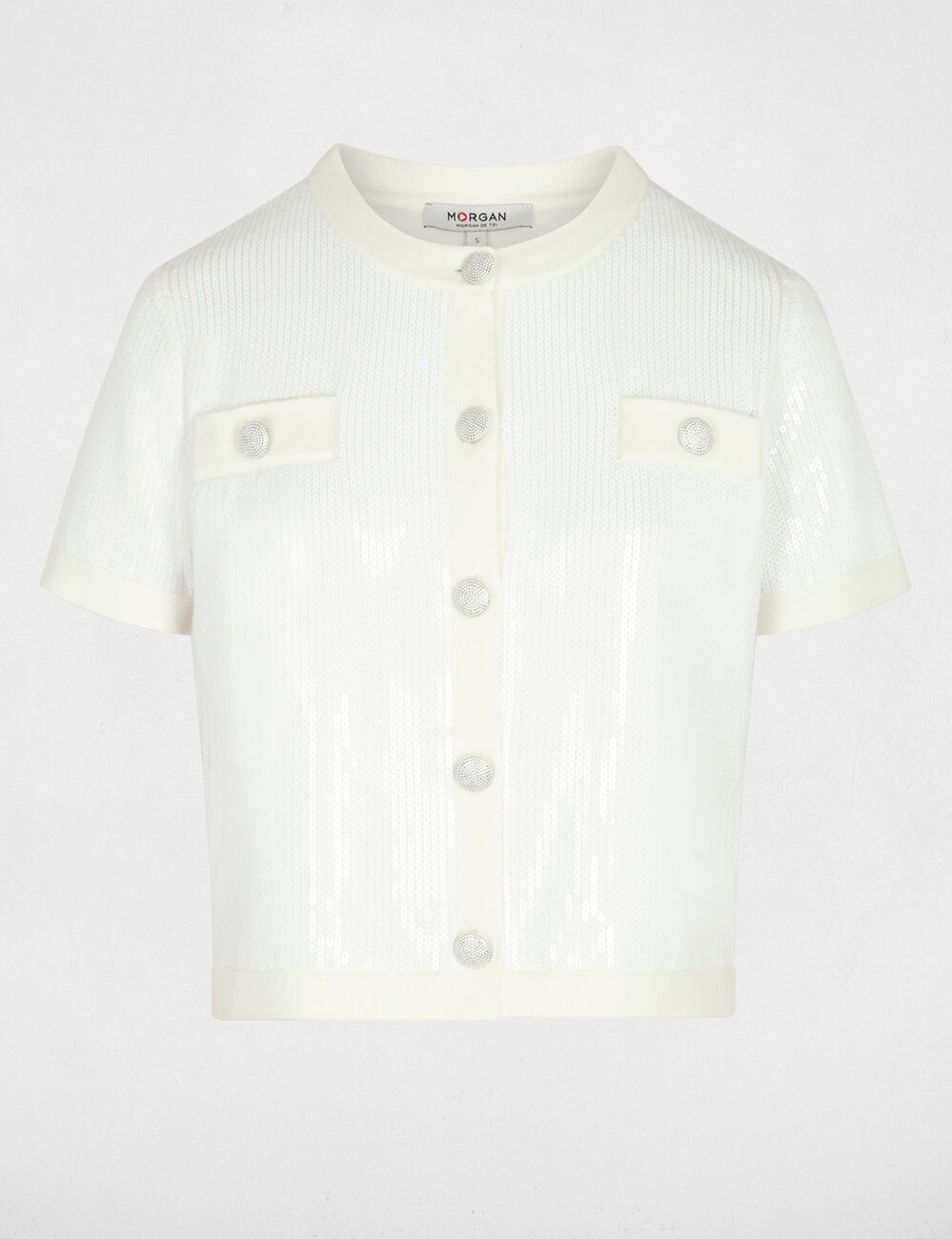 Gilet col rond sequins blanc femme