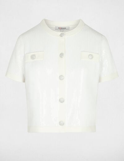 Gilet col rond sequins blanc femme