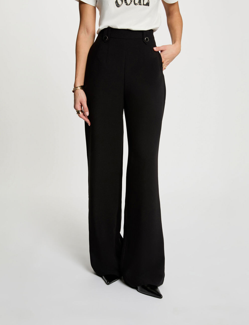 Pantalon large taille haute noir femme
