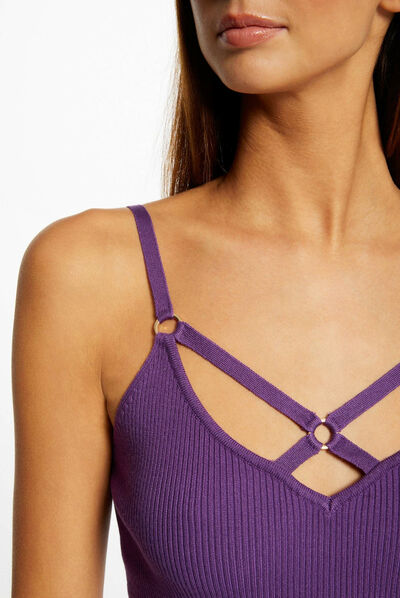 Débardeur pull à bretelles croisées violet fonce femme