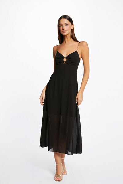 Robe midi évasée bretelles chaînes noir femme